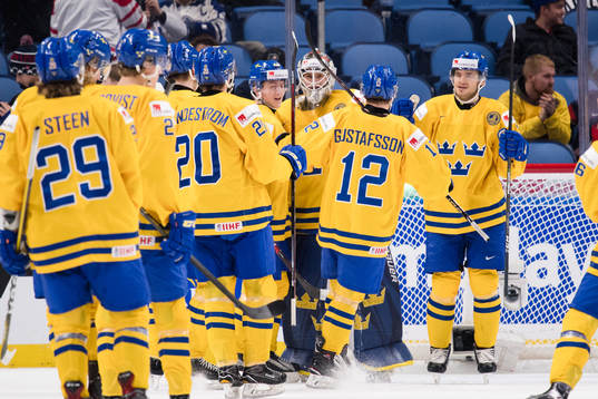 Sveriges spelare jublar med målvakt Filip Gustavsson