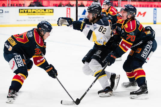 s målvakt Niklas Rubin försvarar sig mot HV71:s Kevin