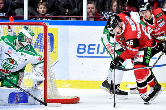 Rögles målvakt Ville Kolppanen och Malmö Redhawks Axel