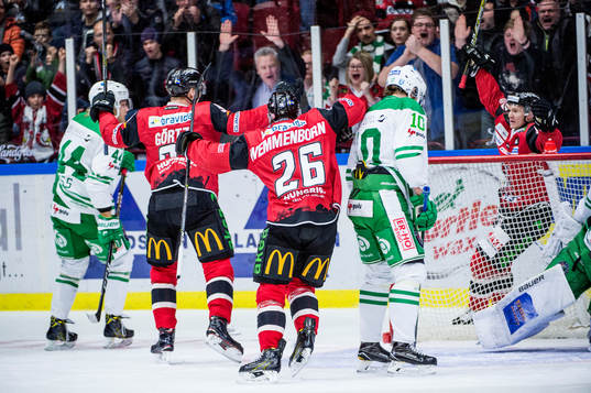 Malmö Redhawks Max Görtz och Axel Wemmenborn jublar