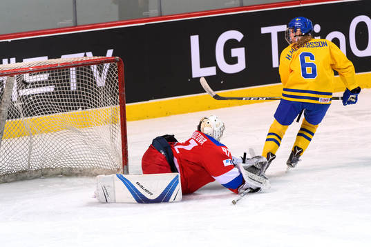Sara Hjalmarsson of Sweden scores the decisive goal behind