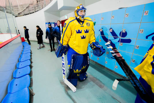 Goaltender Viktor Fasth of Sweden arrives the warm up