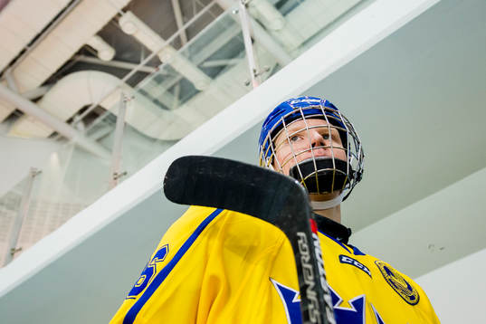 Rasmus Dahlin of Sweden arrives the warm up