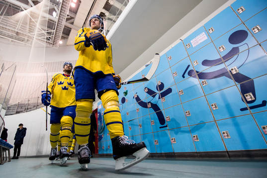 Staffan Kronwall of Sweden arrives the warm up