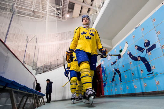 Staffan Kronwall of Sweden arrives the warm up