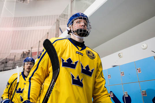 Rasmus Dahlin of Sweden arrives the warm up