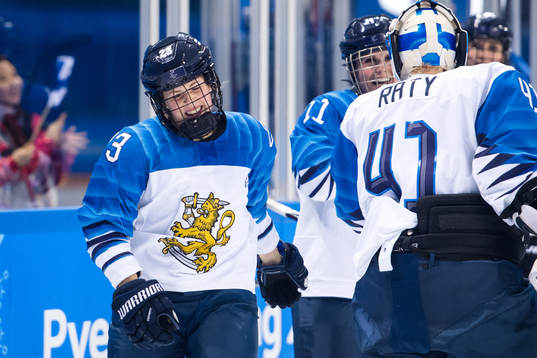 Sanni Hakala of Finland celebrates the 7-2 goal  in the ice