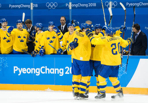 Mikael Wikstrand of Sweden celebrates the 3-3 goal in the