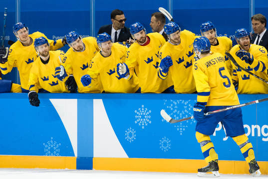Mikael Wikstrand of Sweden celebrates the 3-3 goal in the