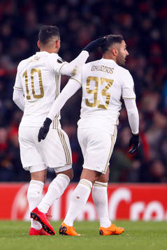 Östersunds Hosam Aiesh och Saman Ghoddos jublar efter 0-1 av Aiesh