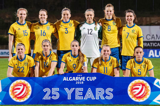  Sandra Adolfsson, Mia Carlsson, Linda Sembrant, målvakt Hilda Carlén, Amanda Edgren, Loreta Kullashi. Nedre raden från vänster: Olivia Schough, Hanna Folkesson, Kosovare Asllani, Stina Blackstenius och Anna Oskarsson inför fotbollsmatchen i Algarve Cup 2018 mellan Sverige och Sydkorea den 2 mars 2018 i Parchal.