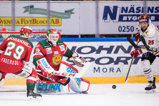 Moras Marcus Fagerudd och Moras målvakt Christian