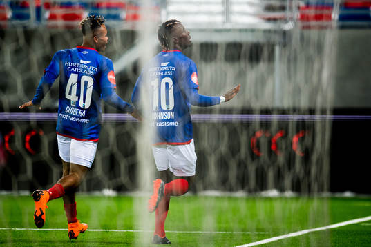 Chidera Ejuke of Vålerenga and Sam Johnson of Vålerenga celebrate 2-1