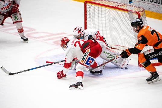 Timrås Johan Johnsson hjälper Timrås målvakt Henrik