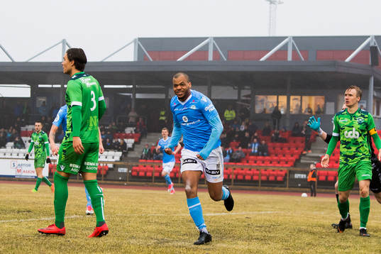 Erixon Danso of Sandnes Ulf celebrates after scoring 1-2
