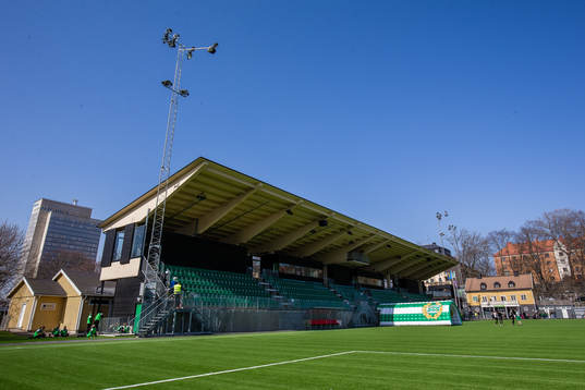 Vy över Hammarby IP mot nya huvudläktaren innan fotbollsmatchen i Damallsvenskan mellan Hammarby och Limhamn Bunkeflo den 14 April 2018 i Stockholm. 