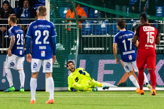 Goalkeeper Samuel Sahin-Radlinger of Brann celebrates after Sarpsborg 08 missed a penalty kick
