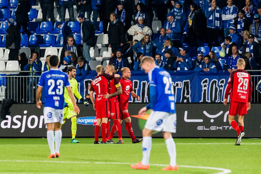 Goalkeeper Samuel Sahin-Radlinger, Peter Orry Larsen, Vito Wormgoor and Henrik Kjelsrud Johansen of Brann celebrate