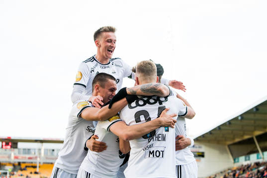 Nicklas Bendtner of Rosenborg (hidden) celebrates scoring 1-0 with teammates Erlend Dahl Reitan and Jonathan Levi during the UNICEF Mesterfinale match between Lillestrøm and Rosenborg on April 26, 2018 in Lillestrøm.
