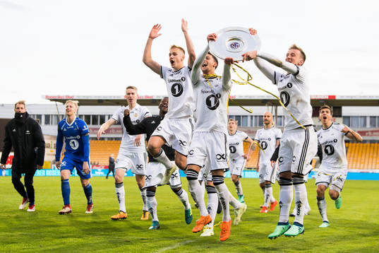 Erik Botheim, Rafik Zekhnini and Erlend Dahl Reitan of Rosenborg celebrates with the trophy after winning the UNICEF Mesterfinale match between Lillestrøm and Rosenborg on April 26, 2018 in Lillestrøm.
