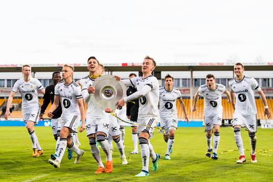 Torbjørn Lysaker Heggem, Erik Botheim, Rafik Zekhnini and Erlend Dahl Reitan of Rosenborg celebrates with the trophy after winning the UNICEF Mesterfinale match between Lillestrøm and Rosenborg on April 26, 2018 in Lillestrøm.
