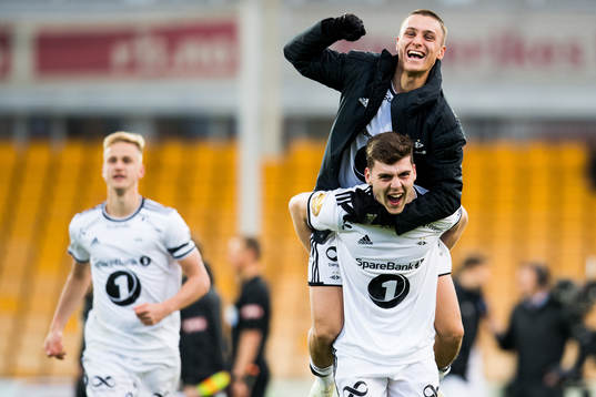 Jonathan Levi and Jacob Rasmussen of Rosenborg celebrate winning the UNICEF Mesterfinale match between Lillestrøm and Rosenborg