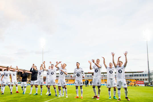 Emil Konradsen Ceide, Jacob Rasmussen, Erik Botheim, Rafik Zekhnini, Besim Serbecic, Jonathan Levi, Olaus Jair Skarsem and the teammates of Rosenborg celebrate winning the UNICEF Mesterfinale match between Lillestrøm and Rosenborg on April 26, 2018 in Lillestrøm.
