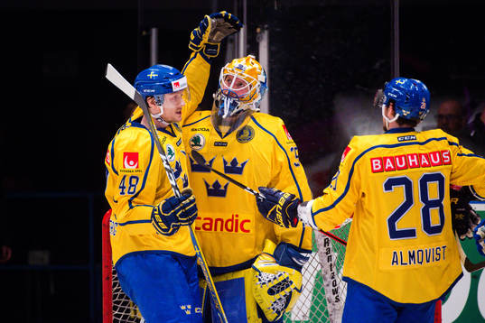 Sveriges Carl Klingberg , målvakt Magnus Hellberg och Adam