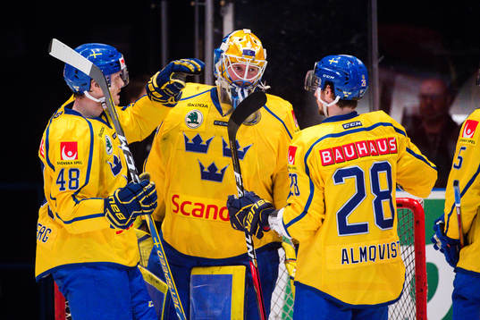 Sveriges Carl Klingberg , målvakt Magnus Hellberg och Adam