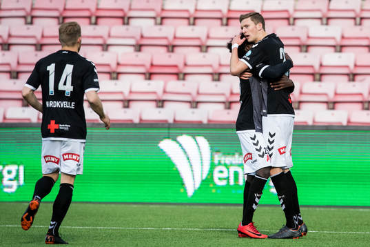 Tobias Lauritsen of Odd celebrates after 1-0