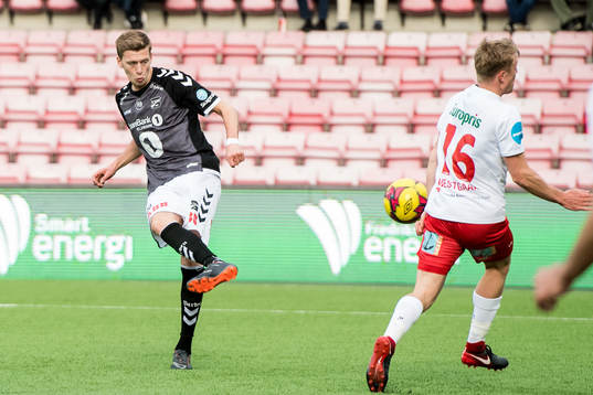 Tobias Lauritsen of Odd scores 0-1 during the cup match between FFK and Odd on May 02, 2018 in Fredrikstad. 
