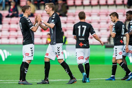 Tobias Lauritsen of Odd celebrates with Birk Risa of Odd after scoring 0-1