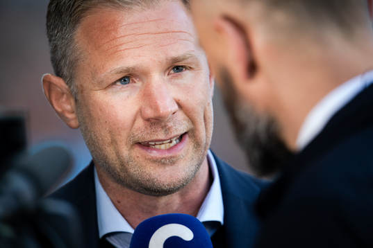 Malmö FFs tränare Magnus Pehrsson intervjuas före fotbollsmatchen i Allsvenskan mellan Malmö FF och Djurgården den 3 maj 2018 i Malmö.
