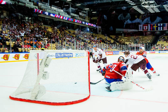 Rudolfs Balcers of Latvia scores the winning 2-3 goal