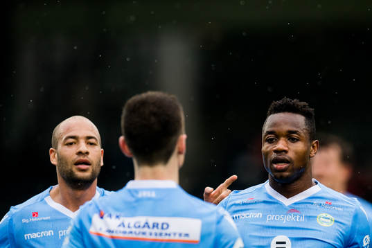Kristian Brix and Kachi of Sandnes Ulf celebrate the 0-1 goal with teammates during the OBOS-ligaen match between Sogndal and Sandnes Ulf on May 6, 2018 in Sogndal.

