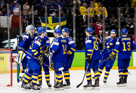 Sveriges spelare jublar med målvakt Anders Nilsson