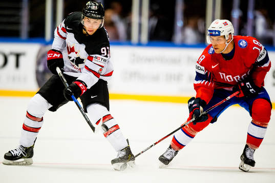 Ryan Nugent-Hopkins of Canada and Tobias Lindström of