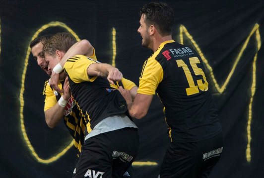 IFK-jubel i matchen i division 2 mellan Hässleholms IF och IFK Hässleholm i Hässleholm 10 maj 2018.  