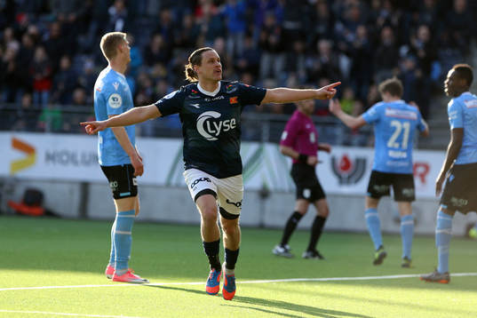 Tommy Høiland from Viking celebrates scoring his 3rd goal