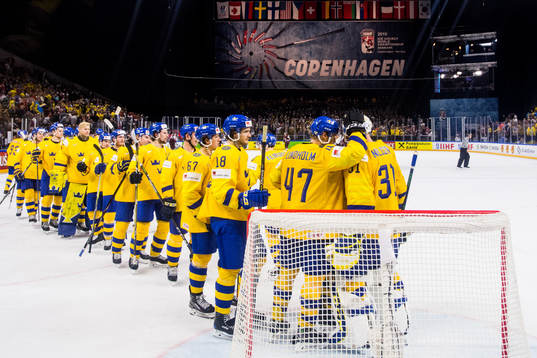 Sveriges spelare jublar med målvakt Anders Nilsson