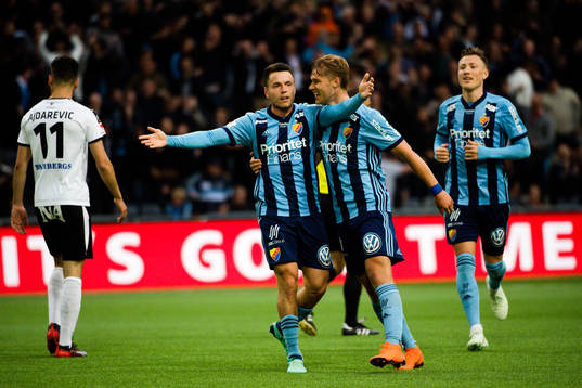 Djurgårdens Kerim Mrabti och Felix Beijmo jublar