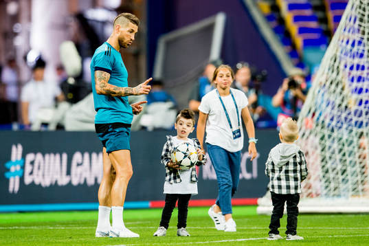 Sergio Ramos of Real Madrid with his sons Sergio Ramos Rubio and Marco Ramos Rubio during a training session on May 25, 2018 in Kyiv.
