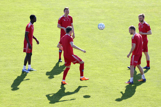 The Tromsø players warm-up before the Eliteserien match between Haugesund and Tromsø