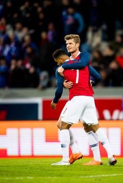 Alexander Sørloth and Joshua King of Norway celebrate after the 2-3 goal during the international friendly football match between Iceland and Norway on June 2, 2018 in Reykjavik.
