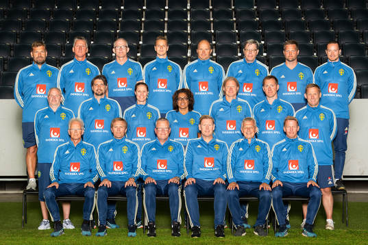  Roger Jacobsson, materialansvarig, Jan Gustavsson, säkerhetsansvarig, Staffan Stjernholm, pressansvarig, Maths Elfvendal, målvaktstränare, Johan Allgulander, naprapat, Dale Reese, Performance & Medical Coordinator, Marcus Ericsson, fotograf, och Christoffer Bernspång, videoanalytiker. Mellersta raden från vänster: Tommie Nilsson, materialare, Daniel Ekvall, fotbollspsykologisk rådgivare, Cecilia Sandell, administratör, Ester Kristiansson, pressansvarig, Stefan Pettersson, assisterande team manager, Joakim Törn, läkare, och Paul Balsom, Performance Manager. Nedre raden från vänster: Anders Valentin, läkare, Roger Sandberg, bevakare, Janne Andersson, förbundskapten, Peter Wettergren, assisterande förbundskapten, Lars Richt, landslagschef, och Fredrik Larsson, sjukgymnast.