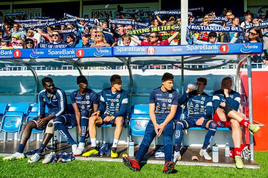 Bengt Conny Mikael Månsson, Brent Lepistu, Erlend Ernst Sivertsen, Aliou Coly, Benjamin Stokke, Amidou Diop, Sondre Sørli of Kristiansund ahead of the Eliteserien match between Kristiansund and Molde on June 9, 2018 in Kristiansund.