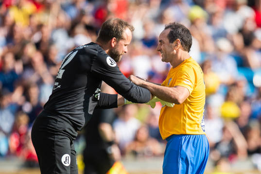 Goalkeeper Thomas Myhre of Norway and Edmundo of Brazil after the latter scored on a penalty