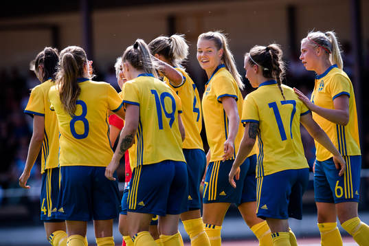Sveriges spelare jublar efter 3-0 av Michelle De Jongh