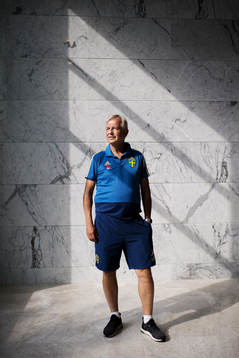 Team Manager Lars Richt poses for a portrait at a press event with the Swedish national football team