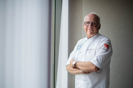 Chef Mats Broström poses for a portrait at a press event with the Swedish national football team